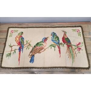Vintage French Cross Stitch Tapestry Featuring A Bird Parrot Design 36x19